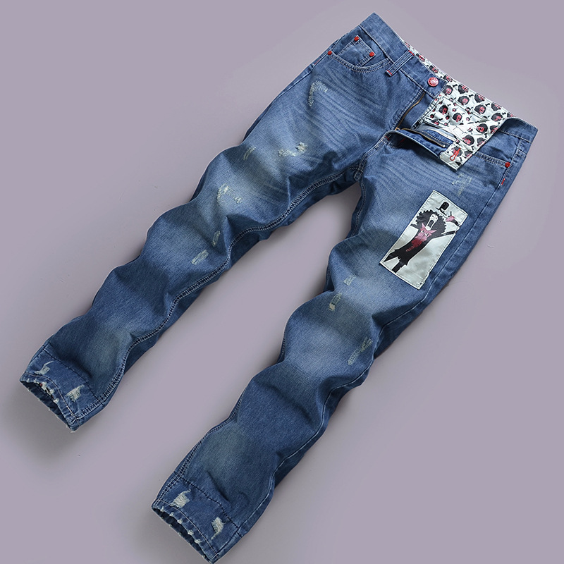 

2020 new men's denim pants Korean straight flanging denim trousers jeans trousers printing character, See chart