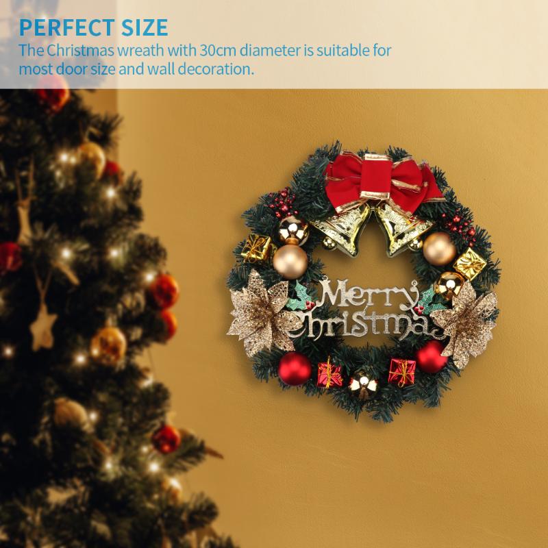 

30cm Christmas Wreath With Artificial Pine Cones Berries And Flowers Holiday Front Door Hanging Decoration, Bells