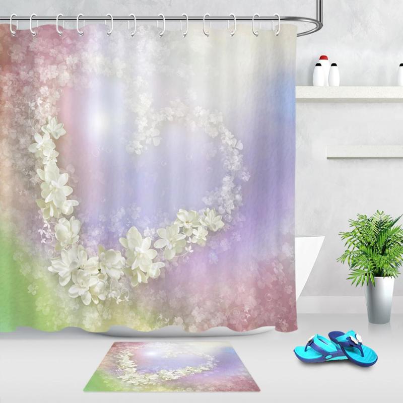 

Valentine's Day Fabric Shower Curtain For Bathroom Dreamy Heart Shaped White Flower Waterproof Bathroom Bath Curtains with Hooks