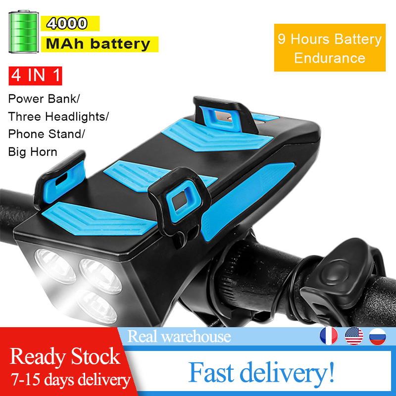 

Bike Light USB Rechargeable 4 In 1 Three-Head Multifunctional Bicycle Headlight Mobile Phone Holder Bicycle Bell Mobile Power