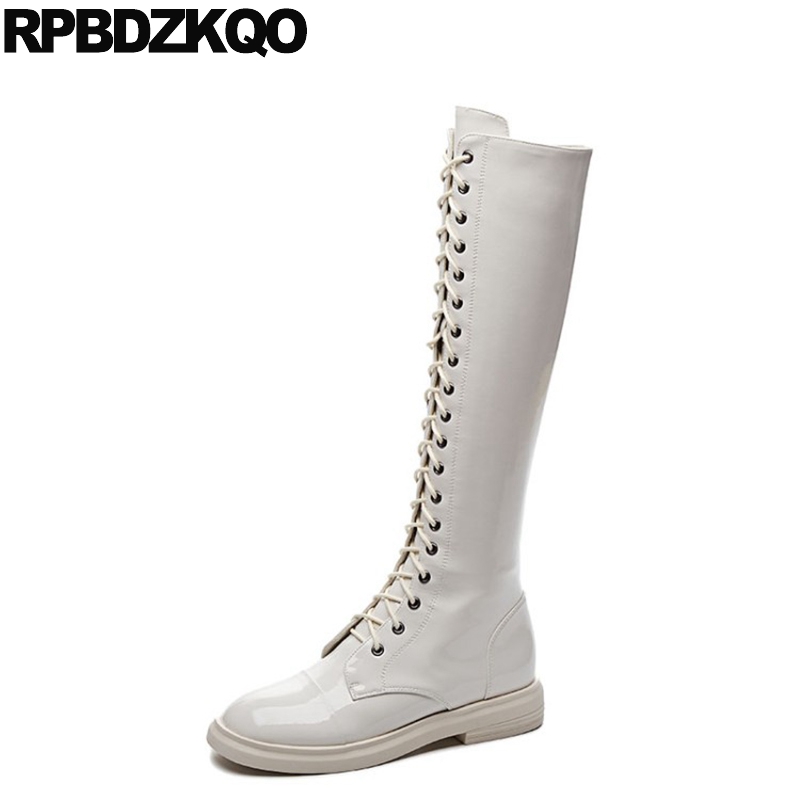 

equestrian shoes lace up knee high patent leather vintage long flat tall faux fur brand women winter boots genuine riding beige