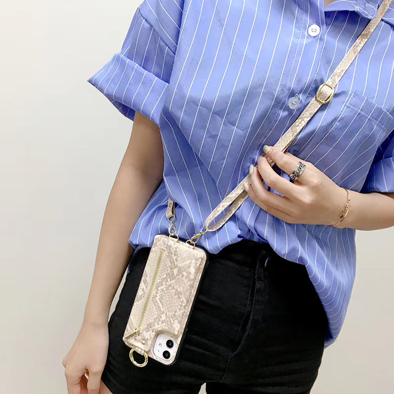 

Crossbody Chain Snake Skin Phone Case for iPhone 12 11 Pro XR 7 8 Plus Card Slot Zipper Wallet Leather Bracket Back Shell Shockproof, Brown