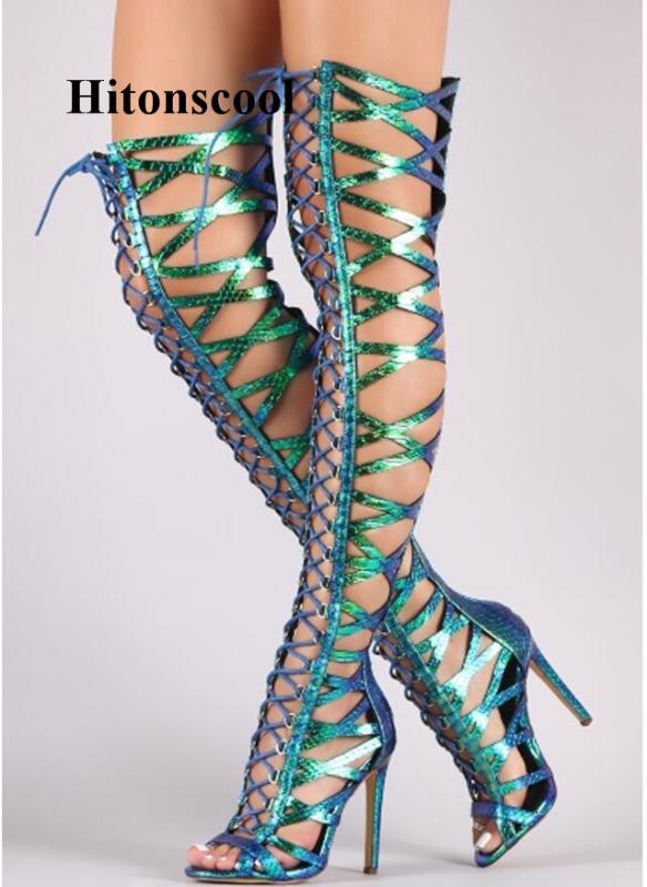 

Sandalias Mujer Summer Crossed-tied Over The Knee BootsSandals Boots Peep Toe Thin High Heels Lace-Up Thigh High Shoes Woman, As picture