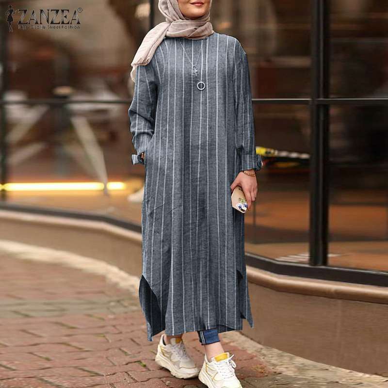 

Autumn Vintage Striped Long Sleeve Side Slit Sundress ZANZEA Casual Muslim Dress Long Shirt Dress Casua Vestido Robe Femme, Black