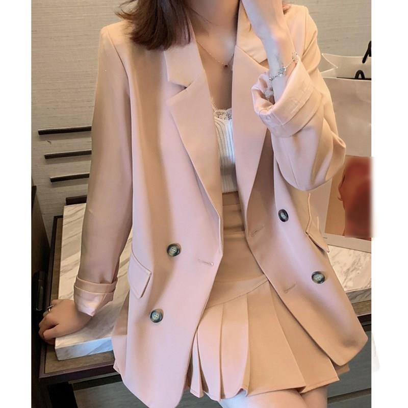 

Luck A spring Women Pink Office Blazer Top Pleated Skirt Suits casual Work Mini Skirt Sets Sweet 2 Pieces Female Suits, Bl