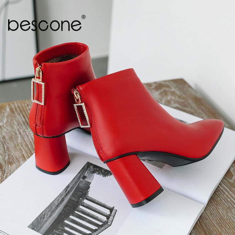 

BESCONE New Elegant Ankle Boots Classic Little Square Toe High Heel Zipper Cow Leather Boots Warm Wool Winter Women Shoes BO674, Black short plush