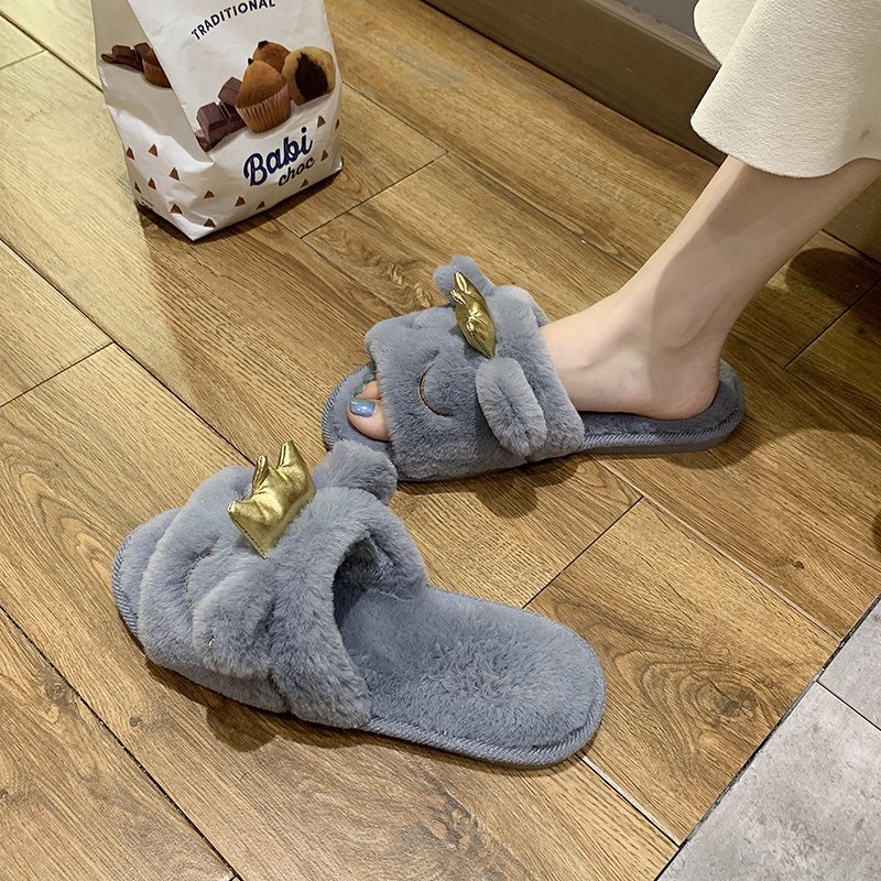 

SLHJC Cute Fur Slippers Women Autumn Winter Flat Heel Casual House Shoes Floor Carpet Bedroom Drags Sldies, Black