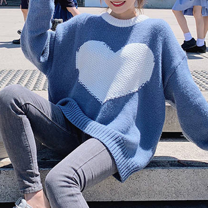 

Sweaters Fashion Women Sweet Love Pattern Knitted Sweater Pullovers Autumn Winter Korean Loose Long Sleeve Warm Knit Tops, White