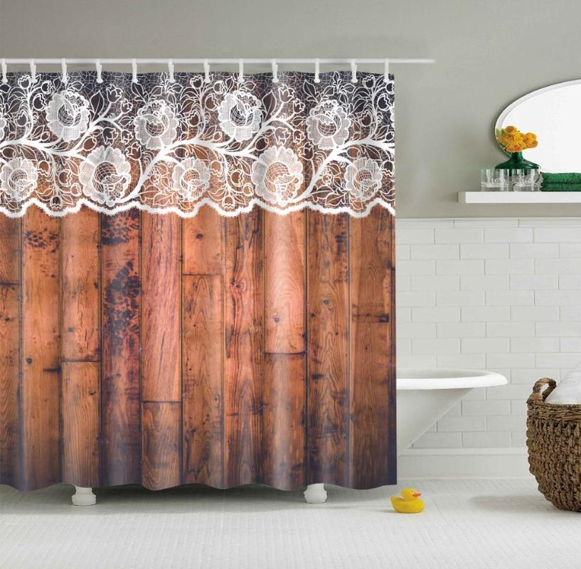 

Waterproof Thicken Polyester 3D Shower Curtain Brown Wooden Board with Flowers Mildew Proof Bath Tub Curtain with 12 pcs Hooks