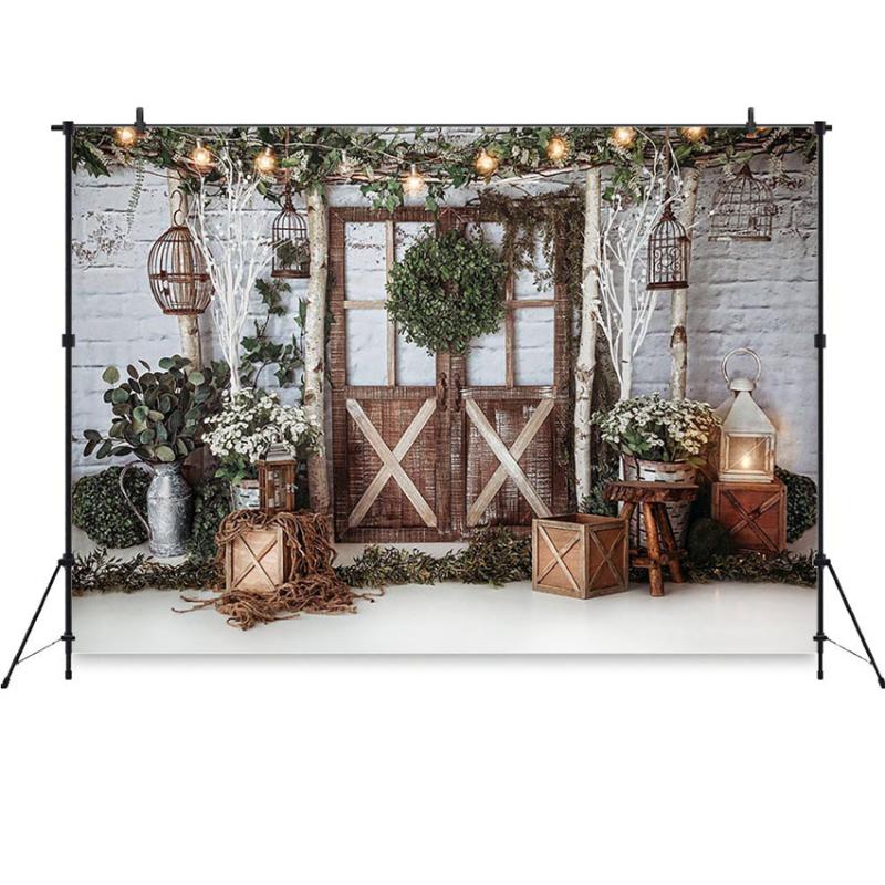 

Christmas Backdrop White Brick Wall Newborn Baby Kids Photography Background Wood Door Green Garland Photo Studio Backdrops
