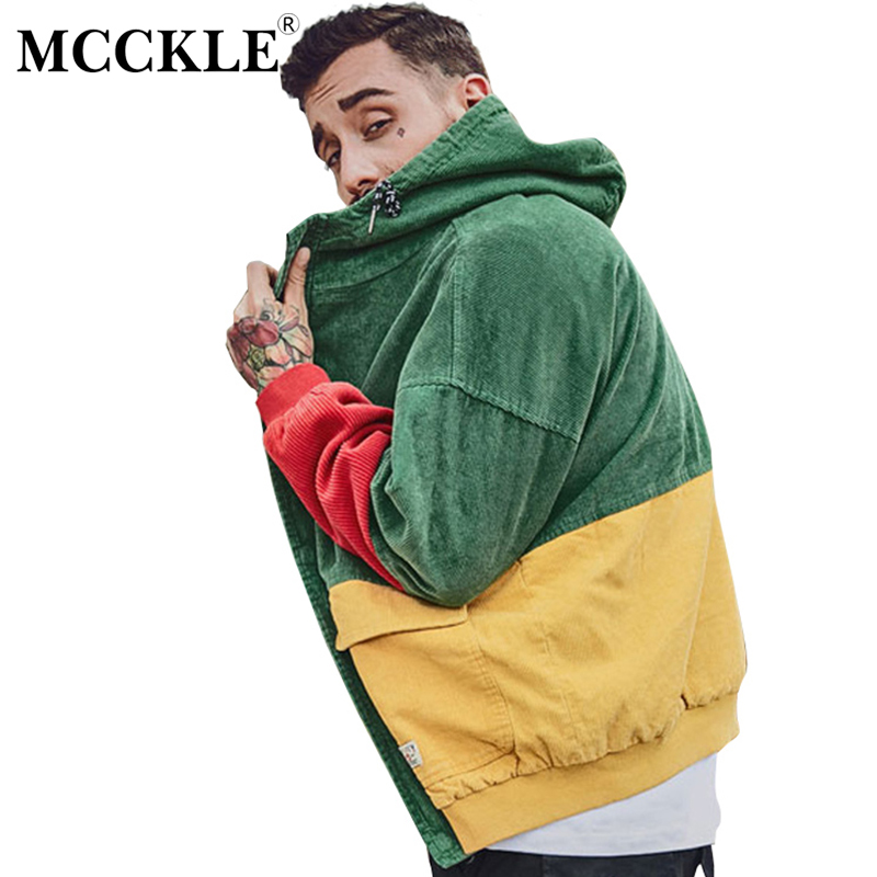 

MCCKLE Autumn Color Block Patchwork Corduroy Hooded Jackets Men Hip Hop Hoodies Coats Male 2020 Casual Streetwear Outerwear, Green