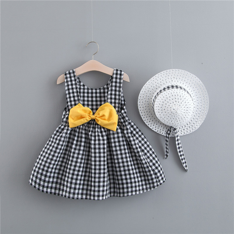

Baby Girl Dress Print Plaid Bow Summer Princess Party Dress Infant Toddler Clothes Newborn Baby Dress+Hat 2pcs Kids Clothing Set, Sent at random