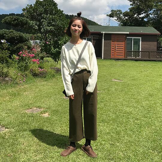 

2020 Women' Kawaii New Student College Wind Pants High Waist Straight Female Cute Japan Harajuku Trousers For Women DF222, Army green
