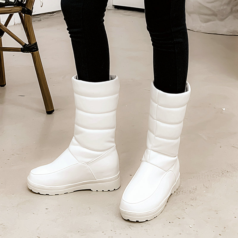 

Waterproof Snow Boots Women Winter Warm Plush Flat Heels Mid Calf Boots Slip On Platform Ladies Shoes Black White Pink Big Size