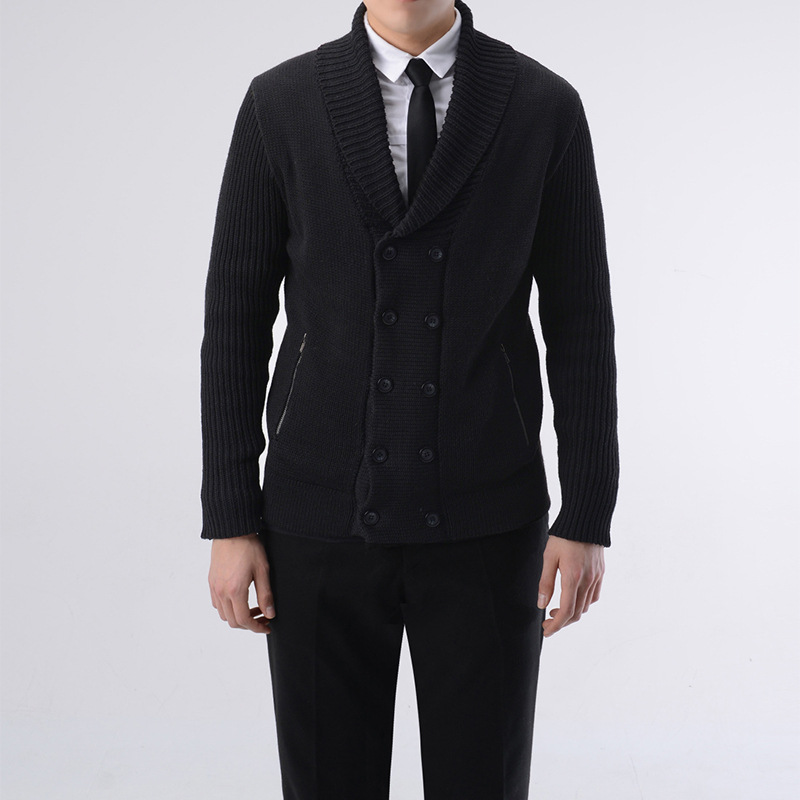 

Men's Turn-down Cotton Cardigan Autumn Winter Warm Thick Solid Warm Slim Fit Long Sleeve Clothes Knitted Casual Male Sweater, Black