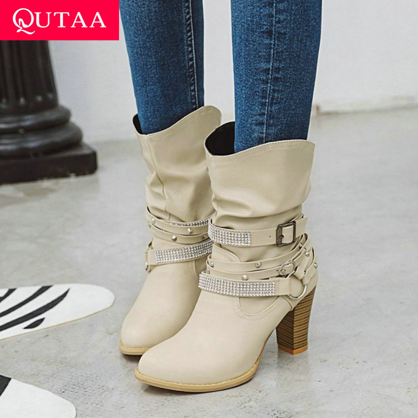 

QUTAA 2020 Women Mid Calf Boots Square Heel Autumn Winter Women Shoes PU Leather Fashion Buckle Crystal Short Boots Size 34-43, Beige