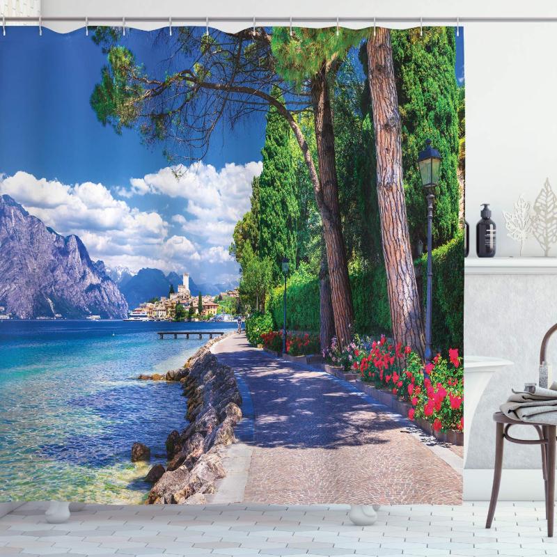 

Landscape Shower Curtain Scenic Lago di Garda Malcesine Italy Stone Bicycle Road with Flowers Lake Bathroom Decor Set with Hooks