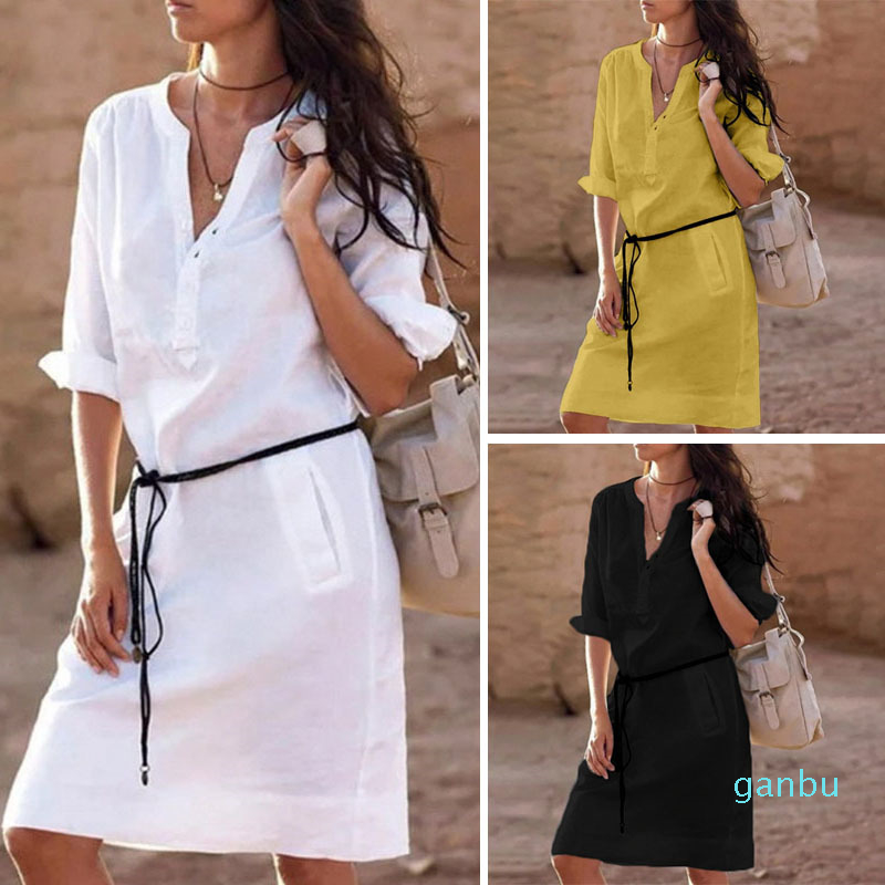 

Hot Sale 2019 Summer Half Sleeve Shirt Dress Women Fashion Pockets V Neck Casual Straight Dresses Vestidos Midi Beach Dress Female, As photo show