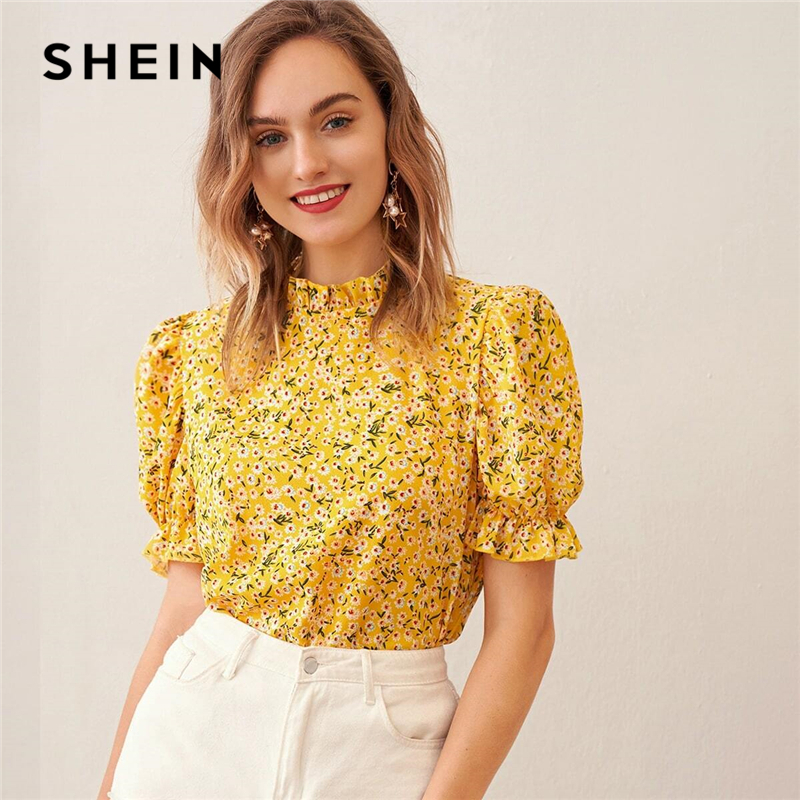 

SHEIN Ditsy Floral Frill Neck Puff Sleeve Top Keyhole Back Blouse Women 2020 Summer Elegant Office Lady Tops and Blouses CX200820, Pink