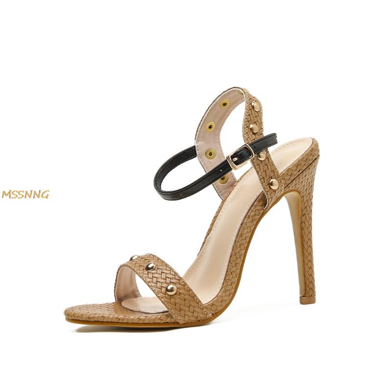

2020 Summer New Solid Women's Sandals Fashion Rivet Buckle Strap Rome Ladies Shoes Sexy Party Women's High Heel Sandals, Chocolate