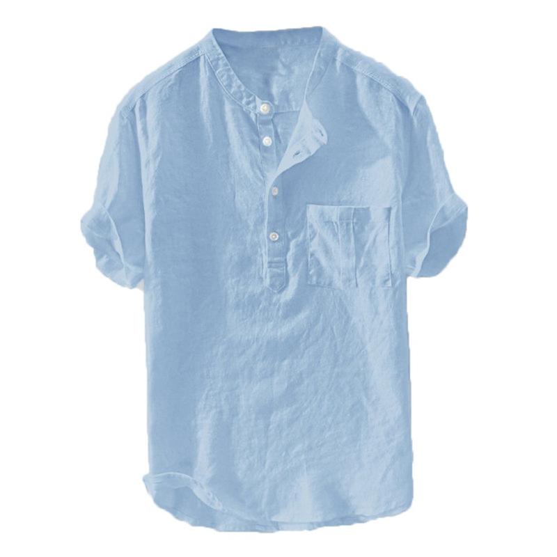 

new design Hot Fashion Plus Size solid Linen Men' Summer New Pure Cotton Button Short Sleeves Fashion Large Blouse Top, Blue