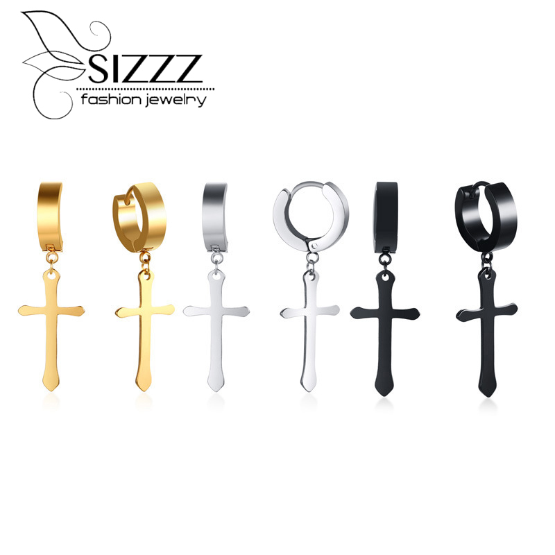 

SIZZZ 40MM Long Stainless Steel Cross Earrings Gold/Black/Silver Color Drop Earrings For Women