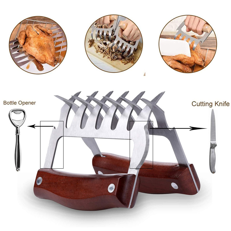 

1 Pair Meat Claws with Wooden Handle BBQ Barbecue Tool Bear Claw Meat Chicken Paws Separator Handler Food Forks Puller Tools