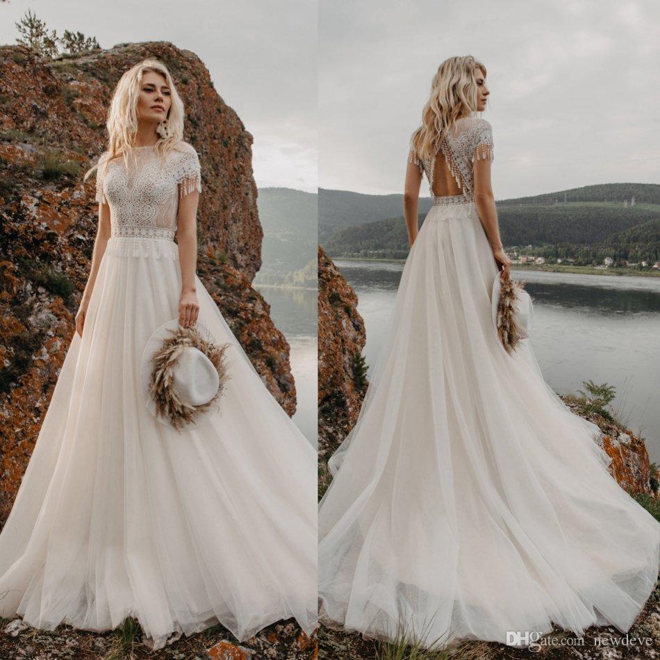 

2021 Bohemian Wedding Dresses Lace Appliques Short Sleeves Bridal Gowns kuznetcova Hollow Back Sweep Train A Line Boho Wedding Dress, Champagne