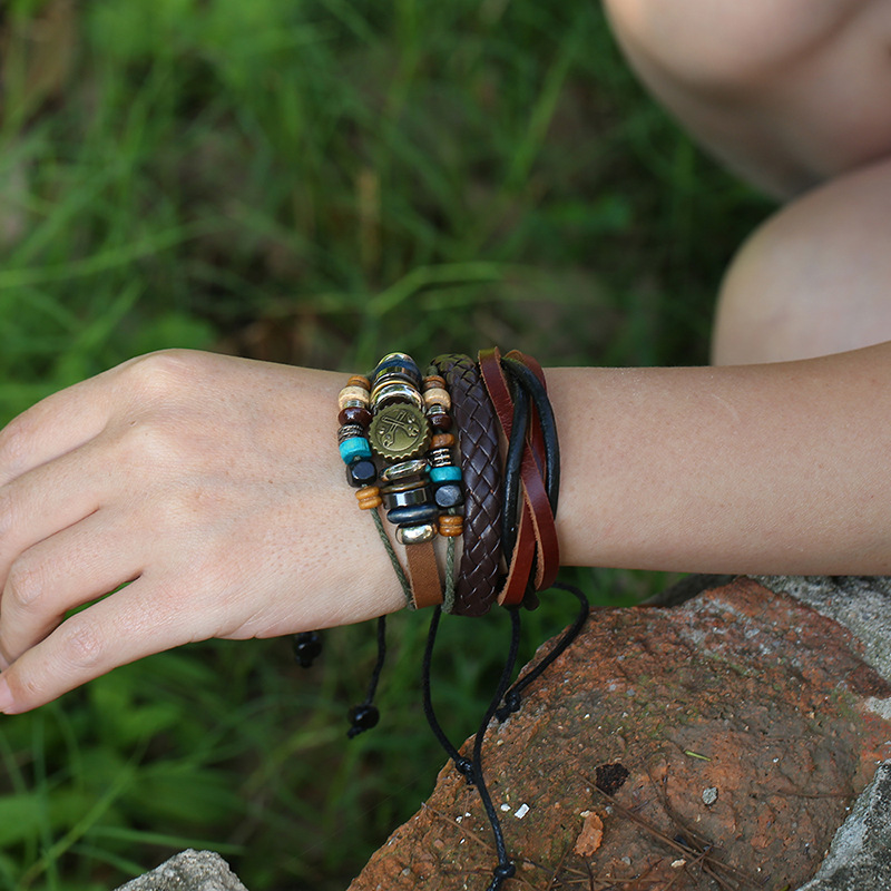 

Bohemia Style Metal Gear Leather Bracelets Men Jewelry Vintage Classic Retro Plant Charm Bracelet Bangles Homme Male Jewellr