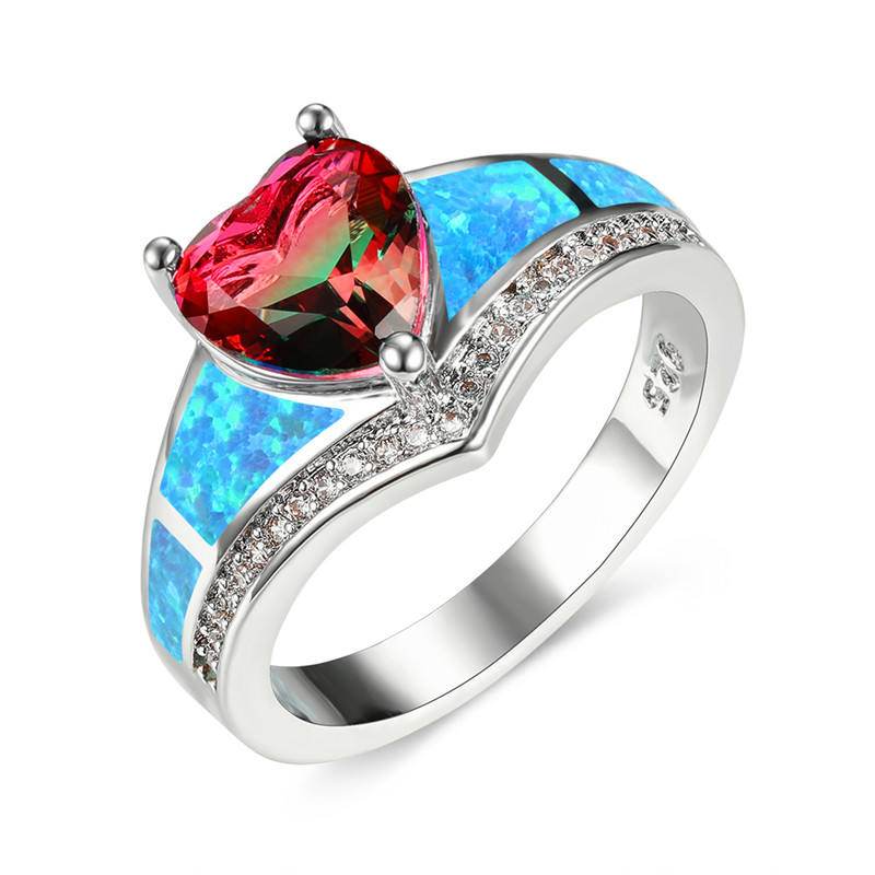 

Boho Female Blue Fire Opal Ring Boho Silver Color Red Green Heart Ring Promise Love Engagement Rings For Women
