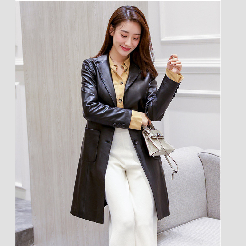 

Women's New Fashion Real Leather Jacket 100% Sheepskin Trench Coats Medium Long Slim Windbreaker Plus Size Brand Quality, As pic