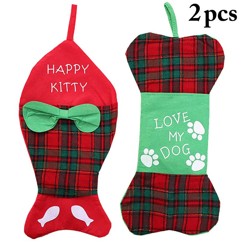 

2PCS Christmas Stocking Decorative Fish Bone Shape Hanging Stocking Christmas Gift Bag For Xmas Tree