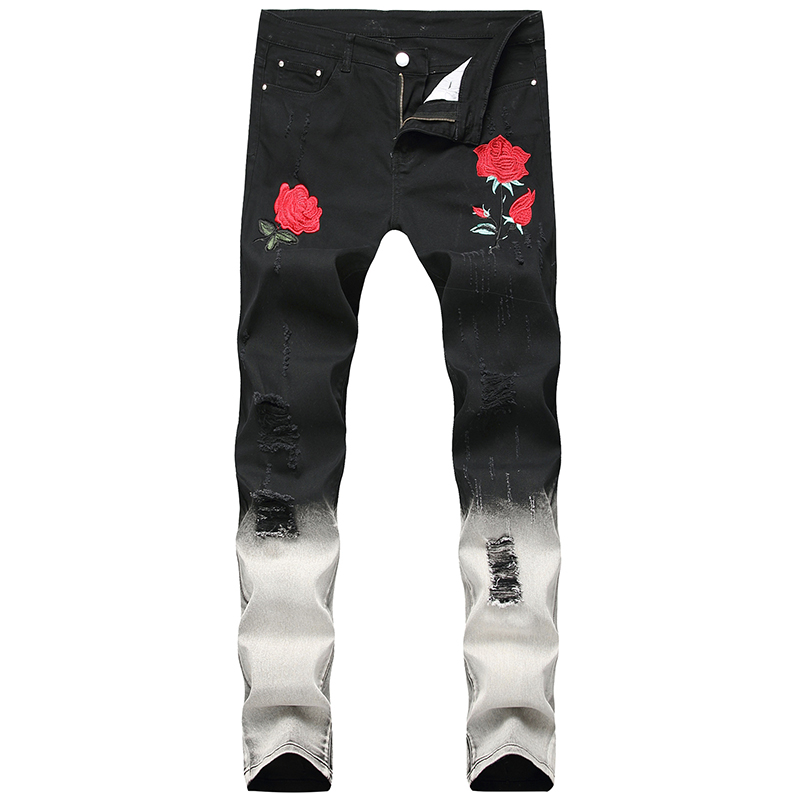 

New black small feet men jeans rose flower ripped men hole jeans trend original design pants large size, 1855