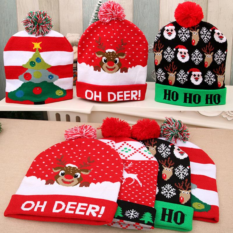 

2020 Hot Christmas Knit Cap Christmas Hat XMAS Santa Adult Child Family Colorful Glowing Cap 30*22CM