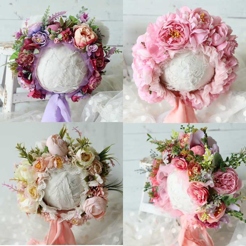 

Baby Photography Props Flowers Sitter Bonnets Newborn Prop Floral Cap Girl Christmas Hat Shower Children Photo Shoot Accessories, Yellow
