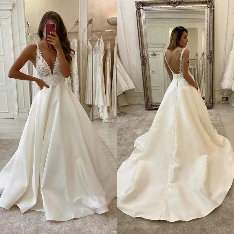 

Satin A Line Wedding Dresses with Buttons Sexy Open Back Vestidos De Novia V Neck Lace Sleeveless Bride Wedding Gowns, Pink