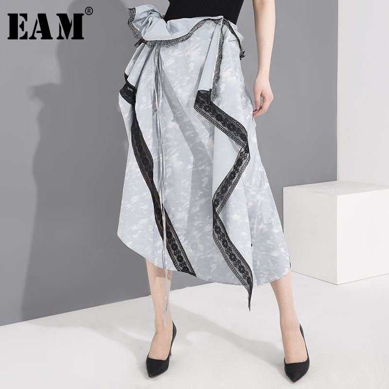 

EAM] High Waist Drawstring Lace Three-dimensional Irregular Half-body Skirt Women Fashion Tide New Spring Autumn 2020 1T90805, Blue