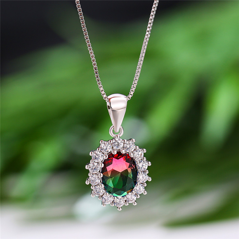 

Cute Female Rainbow Crystal Stone Necklace Rose Gold Silver Color Pendant Necklace Charm Zircon Oval Wedding Necklaces For Women