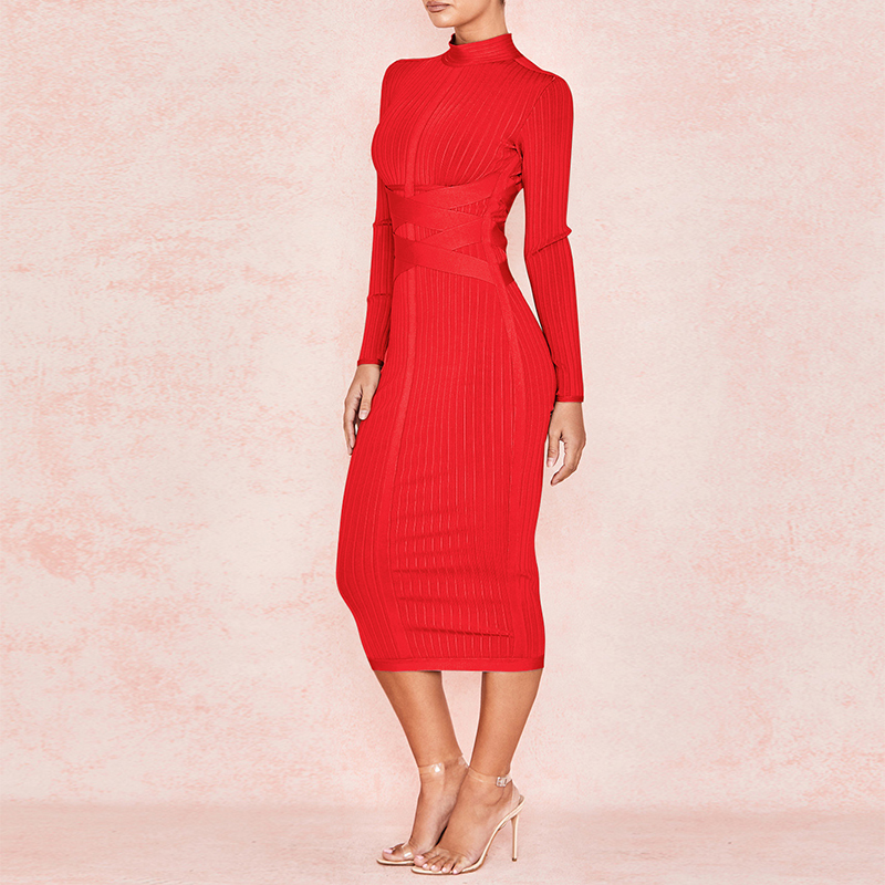 

Ocstrade New Arrival 2020 Women's Midi Red Sexy High Neck Long Sleeve Bodycon Bandage Dress Rayon Party Dresses Y200805, Royal blue