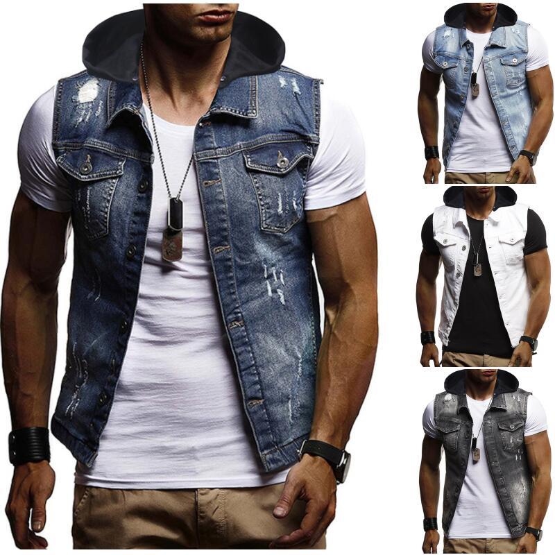 

Hooded Outerwear Denim Vest Men Hole design Sleeveless Cotton Jacket Mens Coats Male Vest Blue Black White, Black-x1809a 3906