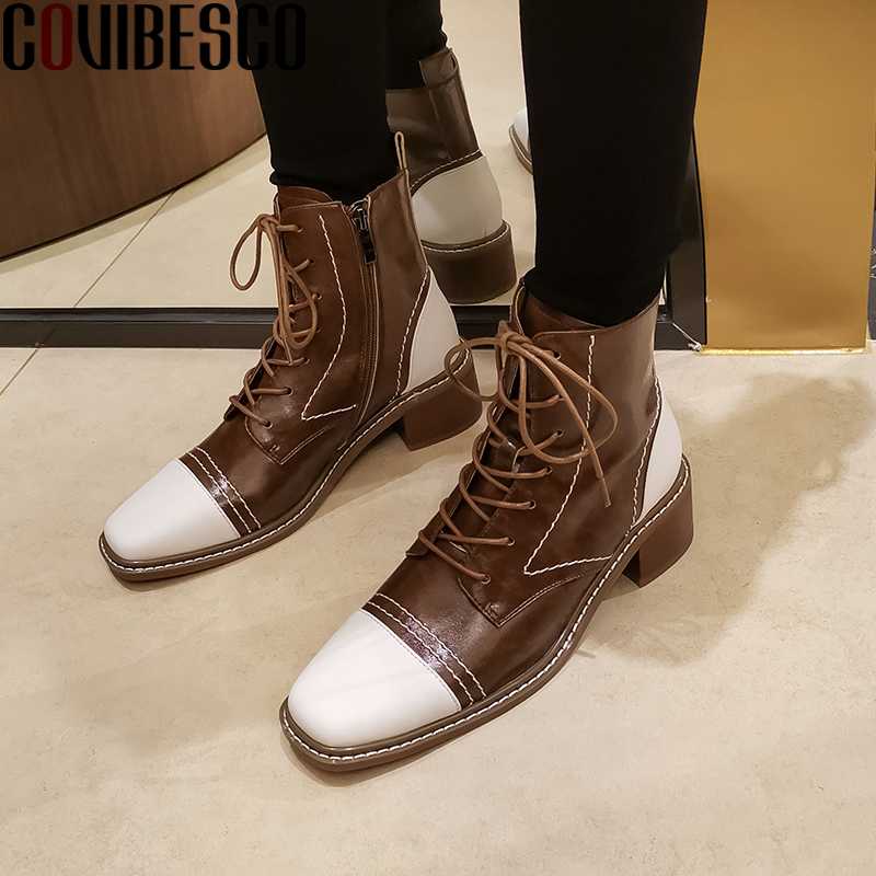 

COVIBESCO Autumn Winter Fashion Concise Women Ankle Boots Genuine Leather Shoes Woman Thick Heels Lace-Up Zip Square Toe Boots, Black