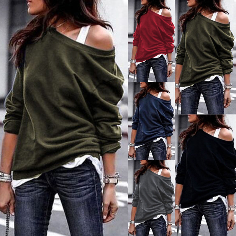 

Women' casual long-sleeved shirt autumn loose off-shoulder shirt women' solid color sweatshirt blouse pullover, Black