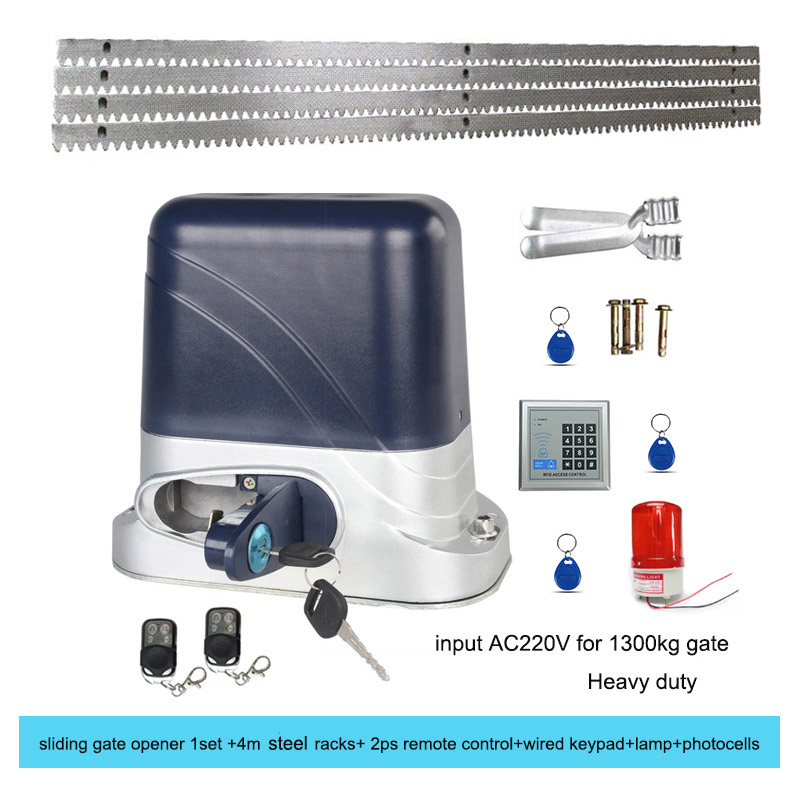 

1300kg Heavy Duty automatic electric Sliding Gate Motor Opener with 4m steel racks,$sensor lamp keypad GSM optional