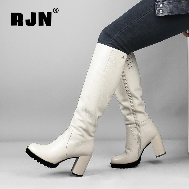 

RJN Wool Knee High Boots Genuine Leather Metal Decoration Round Toe Square Heel Zipper Solid Shoes Women New Winter Boots R31, Beige