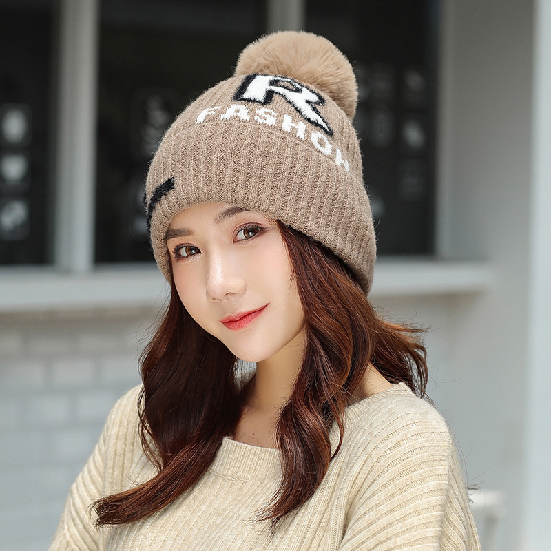 

knitted winter hat for women girl wool beanies Skullies velvet hat Pom Poms Ball warm Bonnet Femme winter, Black