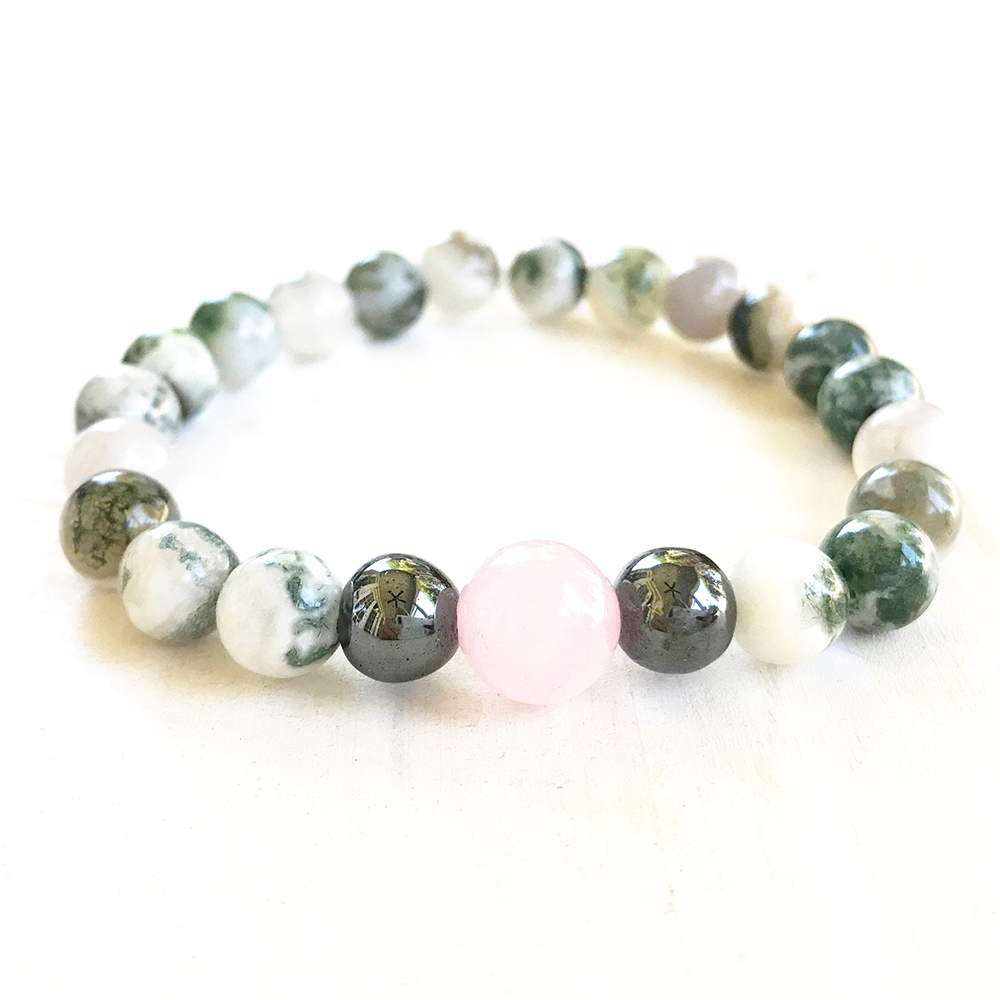 

MG0849 Tree stripe Rose Quartz Bracelet Natural Gemstone Beaded Bracelet Balance Protection Mala Bracelet for Women, Black