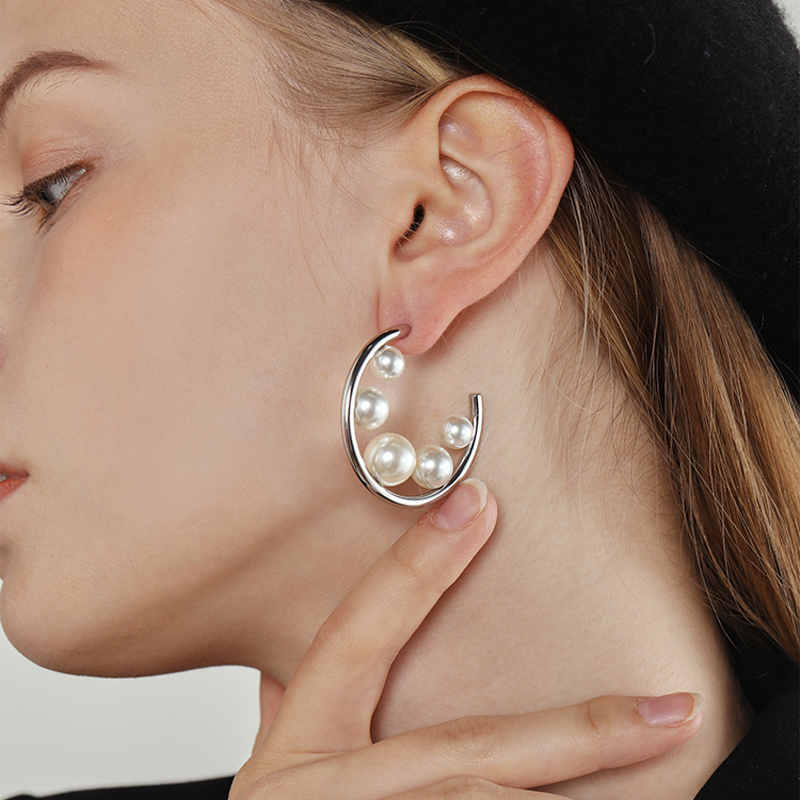 

Dainty Trendy C-shaped Imitation Pearl Earrings Elegant Geometrical Round Gold Sliver Color Metal Opening Earrings