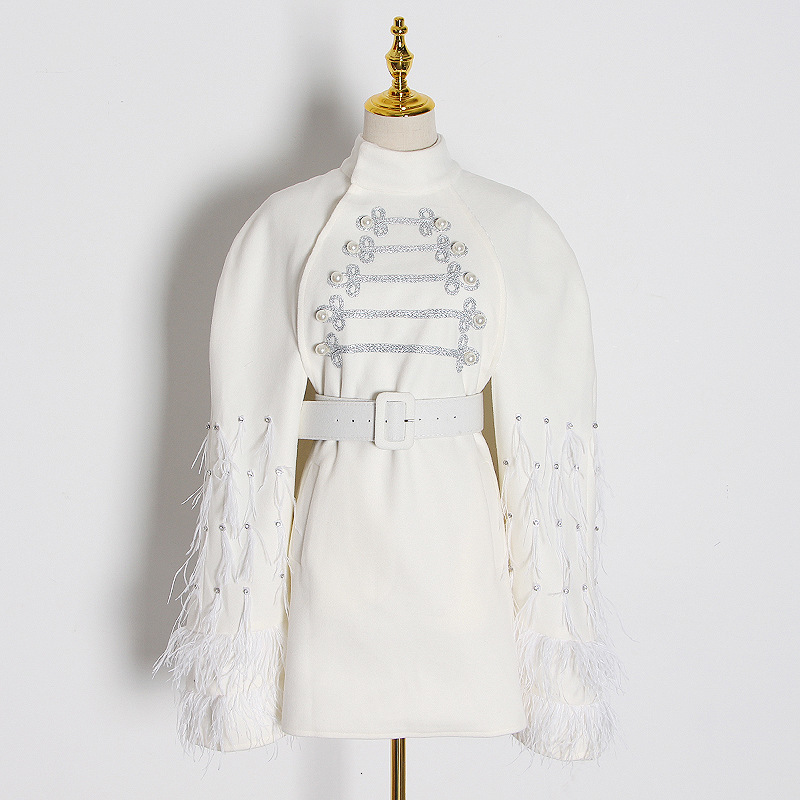 

EWQ] Feather Diamond Belt White Jacket 2020 New Winter Stitching Coats Female High Collar Sexy Bodycon Cloak Style Overcoat