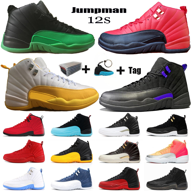 

New 12s Stone Blue DARK CONCORD 12 Men Basketball Shoes Reverse Flu Game University Gold Grey Sports Sneakers Mens Trianers, 23