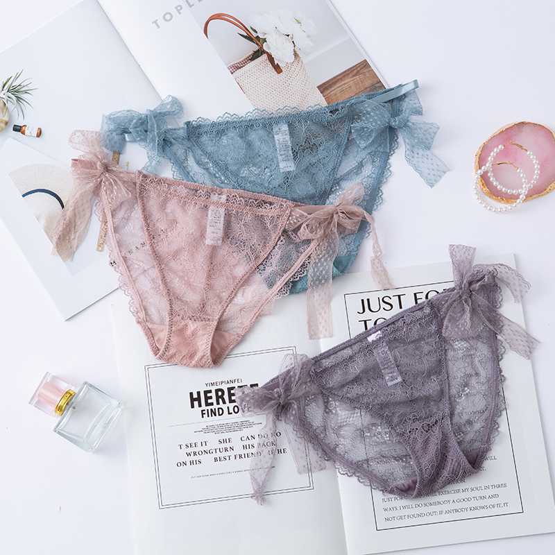

Woman Bow Panties Summer New Briefs Solid Sexy Lace Breathable Sweet Girl Underpants Thin Low-waist Transparent Lady Underwear, Black